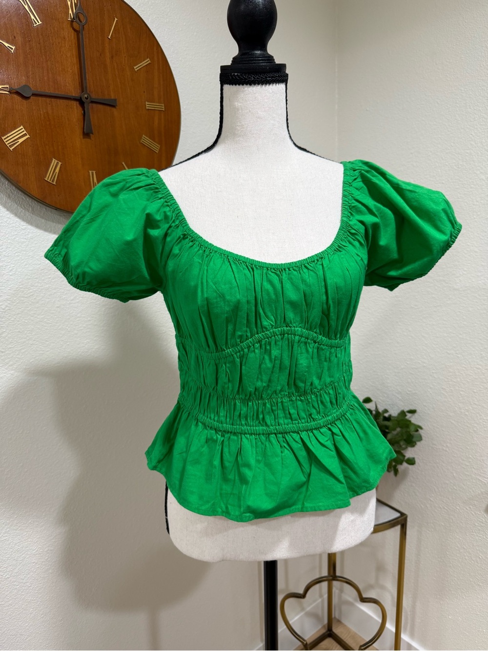 Stim & Sam Green Cotton Puff Sleeve Smocked Peplum Top Size M